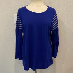 NWT Chico’s Smocked 3/4 Sleeves Scoop Neck Top Stratus Blue